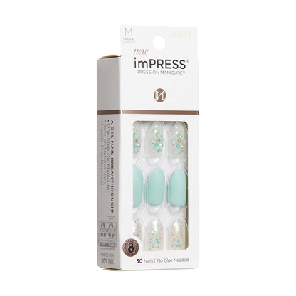 KISS Impress Press-On Manicure Fake Nails - Evergreen, Medium Length Almond Shape, Mint Green with Glitter Design - 30 Nails, Prep Pad, Mini File & Manicure Stick