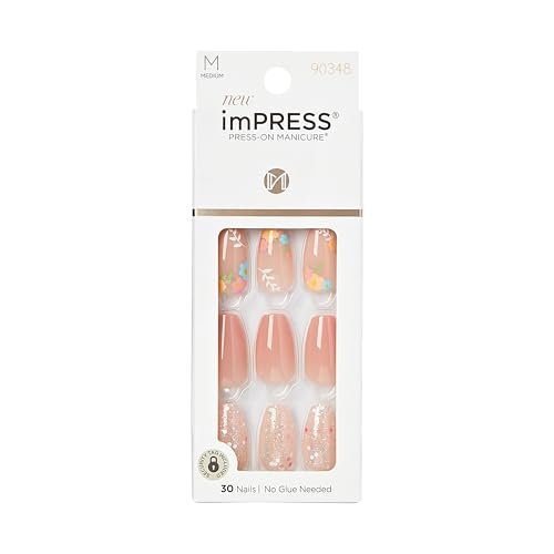 KISS Impress Press-On Nails - Hokey Pokey, Medium Length Coffin Shape, Nude Pink with Flower Design, 30 Nails - görsel 2