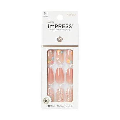 KISS Impress Press-On Nails - Hokey Pokey, Medium Length Coffin Shape, Nude Pink with Flower Design, 30 Nails