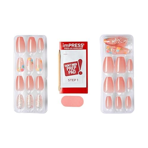 KISS Impress Press-On Nails - Hokey Pokey, Medium Length Coffin Shape, Nude Pink with Flower Design, 30 Nails - görsel 6