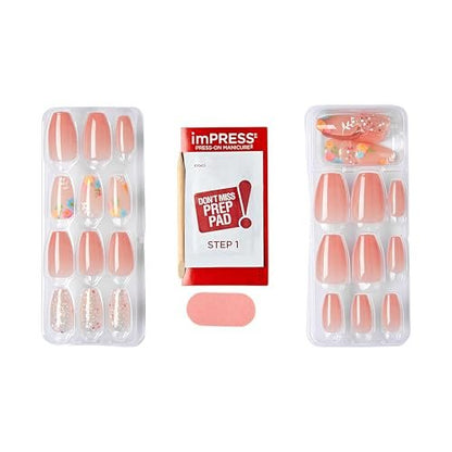 KISS Impress Press-On Nails - Hokey Pokey, Medium Length Coffin Shape, Nude Pink with Flower Design, 30 Nails
