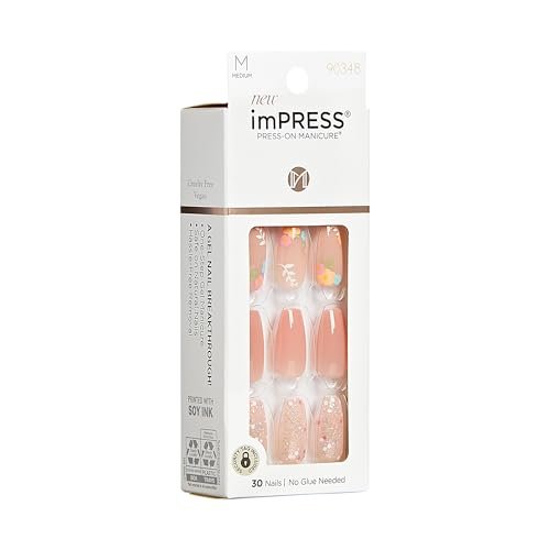 KISS Impress Press-On Nails - Hokey Pokey, Medium Length Coffin Shape, Nude Pink with Flower Design, 30 Nails - görsel 12