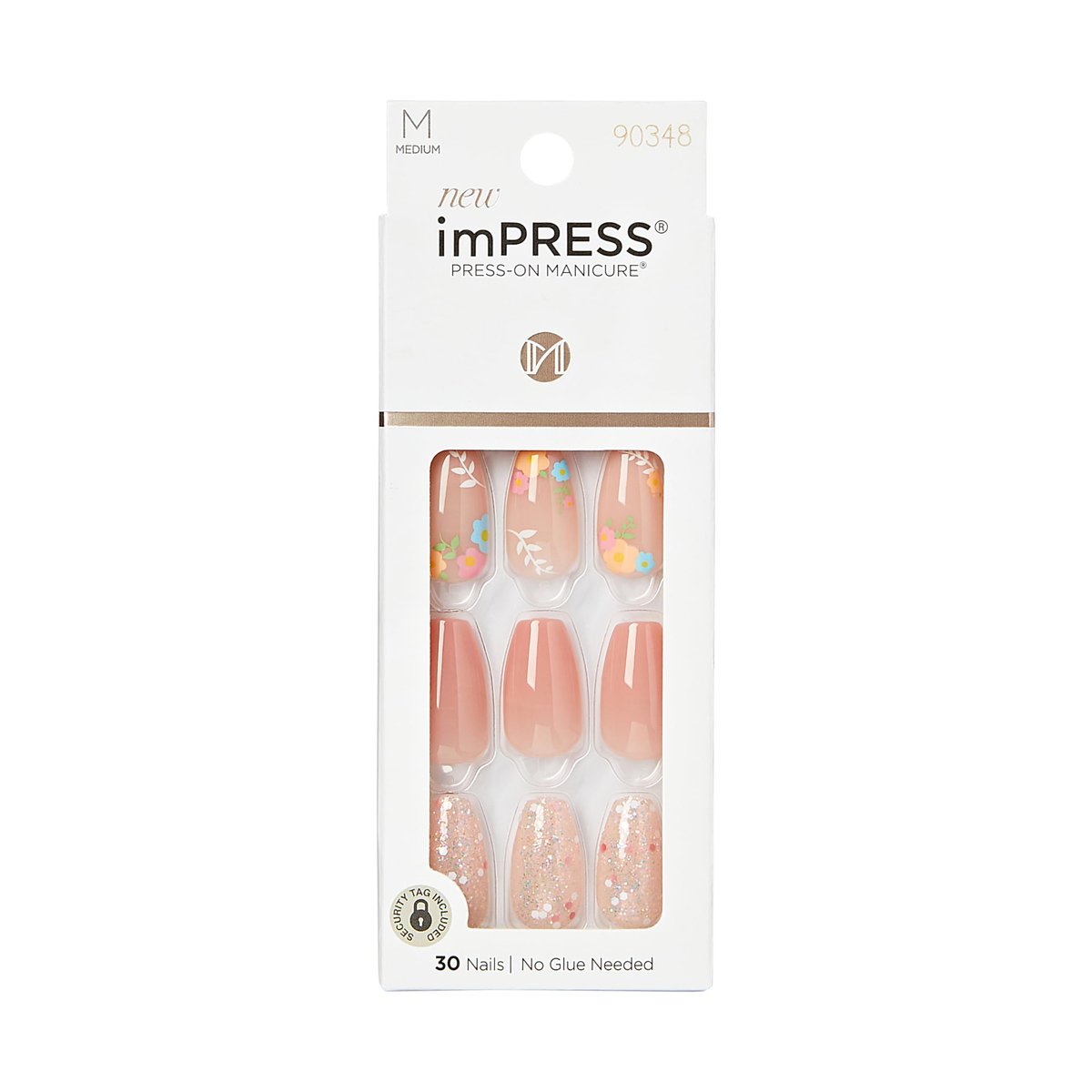 KISS Impress Press-On Nails - Hokey Pokey, Medium Length Coffin Shape, Nude Pink with Flower Design, 30 Nails - görsel 1