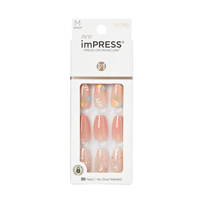 KISS Impress Press-On Nails - Hokey Pokey, Medium Length Coffin Shape, Nude Pink with Flower Design, 30 Nails