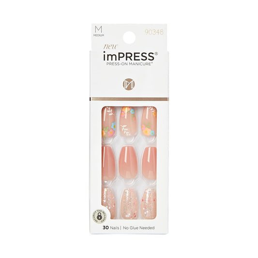 KISS Impress Press-On Nails - Hokey Pokey, Medium Length Coffin Shape, Nude Pink with Flower Design, 30 Nails