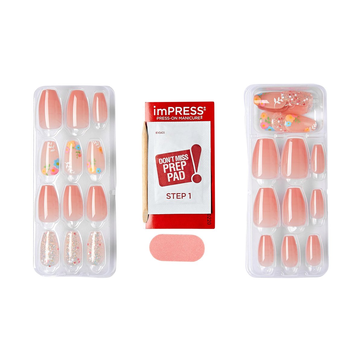 KISS Impress Press-On Nails - Hokey Pokey, Medium Length Coffin Shape, Nude Pink with Flower Design, 30 Nails - görsel 5