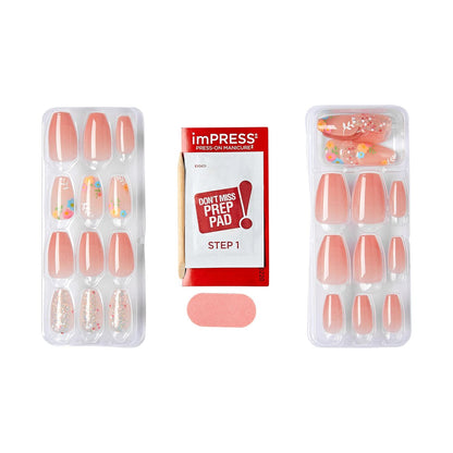 KISS Impress Press-On Nails - Hokey Pokey, Medium Length Coffin Shape, Nude Pink with Flower Design, 30 Nails
