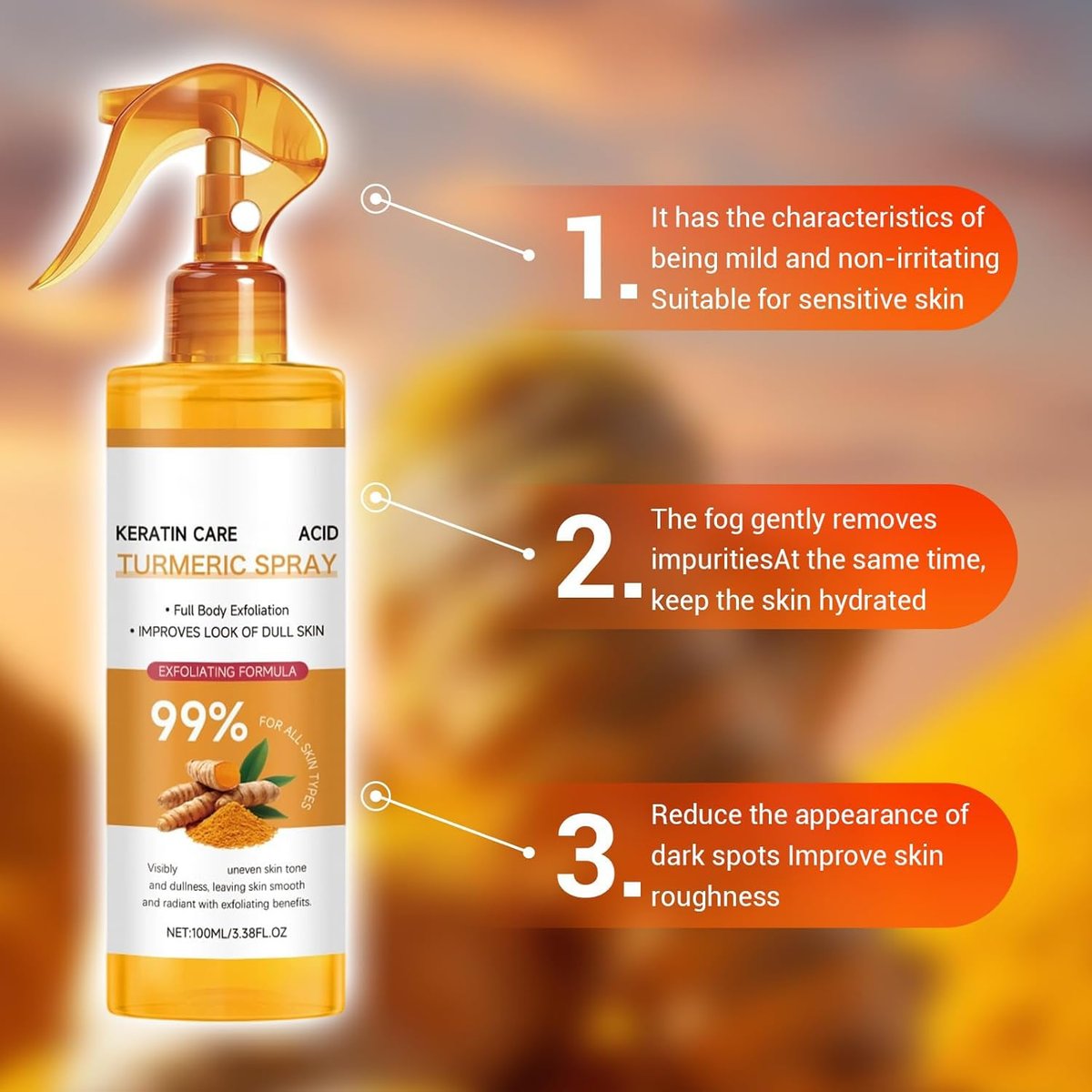 Keratin Care Turmeric Spray 100ml - Exfoliating Moisturizing Body Spray with Retinol for Face & Body, Gentle Skin Care for All Skin Types Avelisse