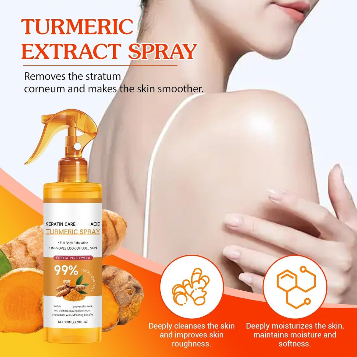Keratin Care Turmeric Spray 100ml - Exfoliating Moisturizing Body Spray with Retinol for Face & Body, Gentle Skin Care for All Skin Types Avelisse