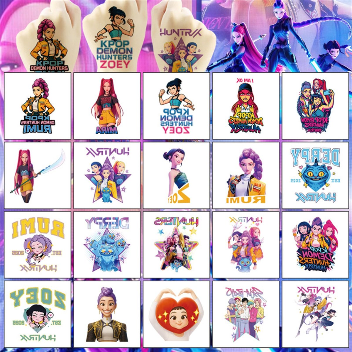 20pcs Demon Movie Hunters Temporary Tattoos for Kids - Cartoon Decal Body Stickers for Birthday Party Decorations & DIY Activity Supplies - görsel 7