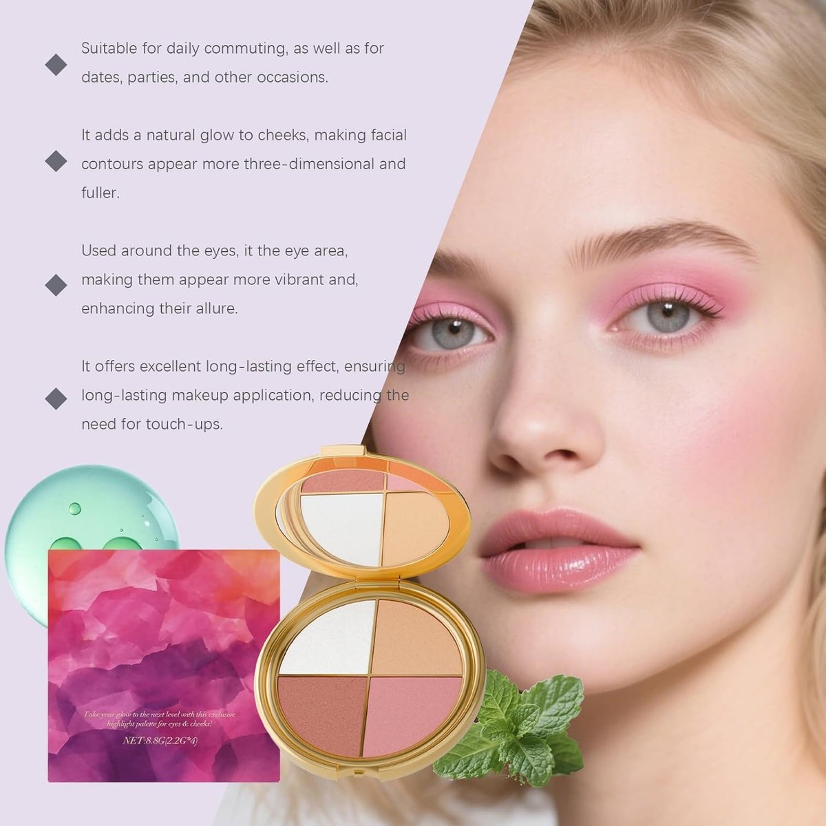 Lmoy Eye & Cheek Palette - Eyeshadow and Highlighter Makeup, Shimmer Glow Face Highlighter Palette with Contour Kit and Detachable Brush - görsel 5