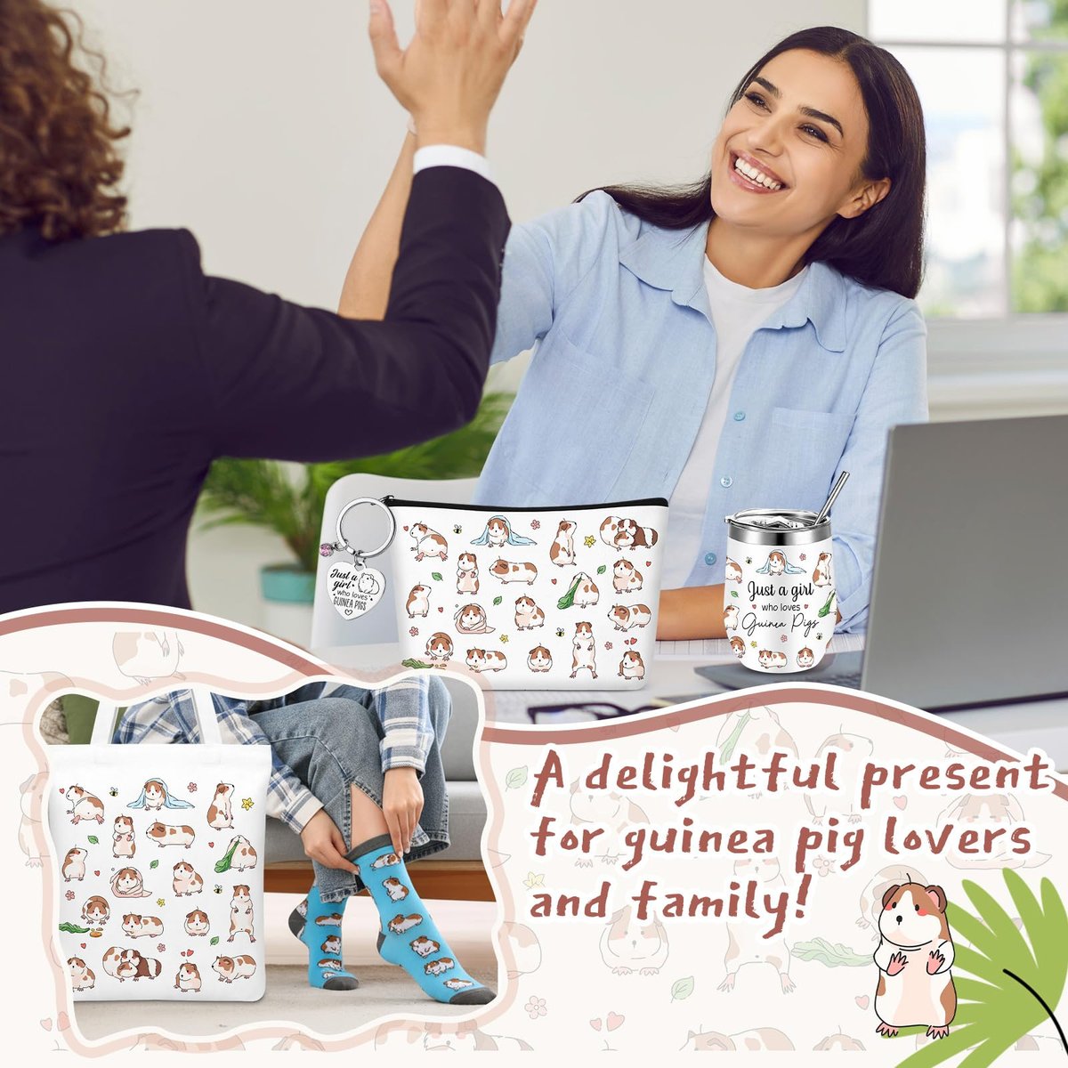 Geiserailie 5-Piece Guinea Pig Lover Gift Set: Tote Bag, Makeup Bag, Keychain, Tumbler & Socks for Women Who Love Guinea Pigs - görsel 11