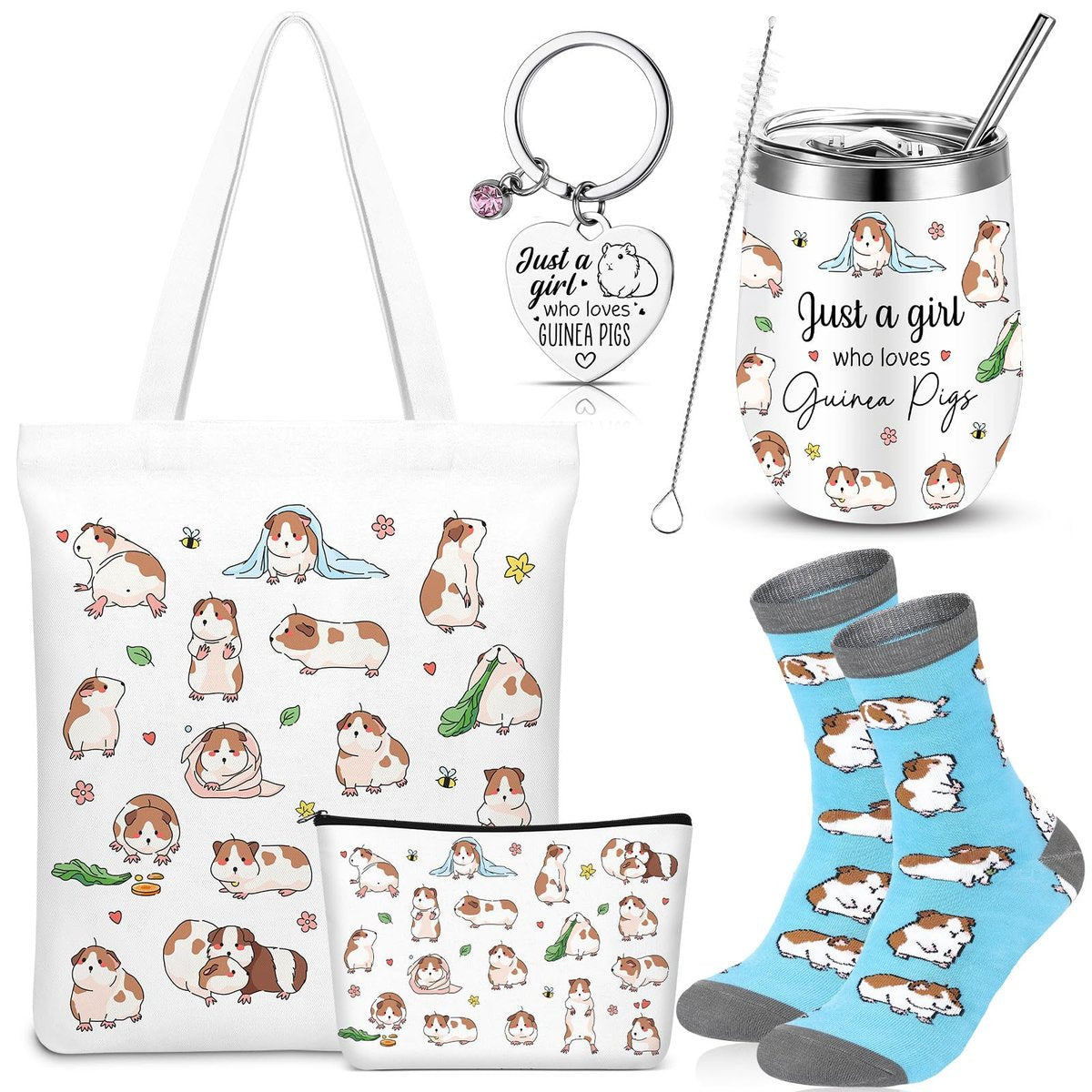 Geiserailie 5-Piece Guinea Pig Lover Gift Set: Tote Bag, Makeup Bag, Keychain, Tumbler & Socks for Women Who Love Guinea Pigs - görsel 1