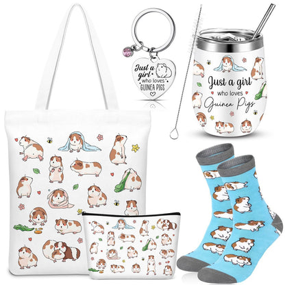 Geiserailie 5-Piece Guinea Pig Lover Gift Set: Tote Bag, Makeup Bag, Keychain, Tumbler & Socks for Women Who Love Guinea Pigs