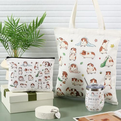 Geiserailie 5-Piece Guinea Pig Lover Gift Set: Tote Bag, Makeup Bag, Keychain, Tumbler & Socks for Women Who Love Guinea Pigs