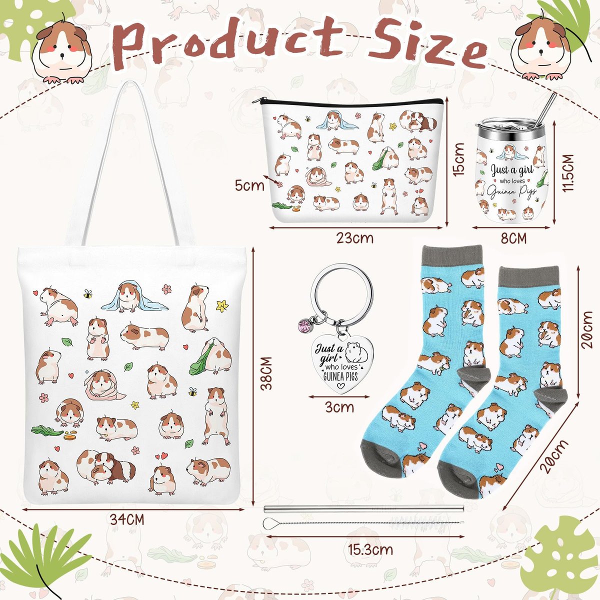 Geiserailie 5-Piece Guinea Pig Lover Gift Set: Tote Bag, Makeup Bag, Keychain, Tumbler & Socks for Women Who Love Guinea Pigs - görsel 5