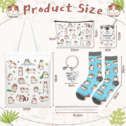 Geiserailie 5-Piece Guinea Pig Lover Gift Set: Tote Bag, Makeup Bag, Keychain, Tumbler & Socks for Women Who Love Guinea Pigs