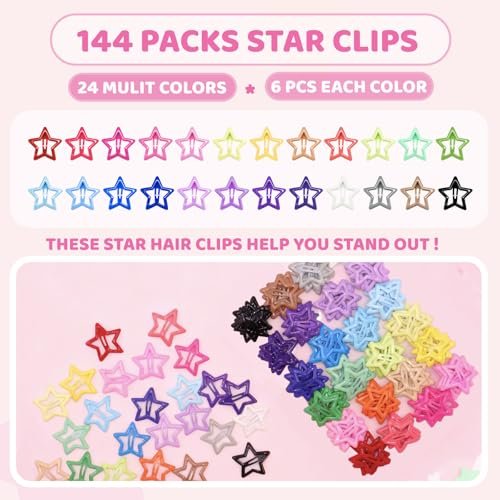 YLMUSU 144 Pcs 1.2'' Star Hair Clips - 24 Colors Metal Non-Slip Snap Hair Clips, Colorful Star Clips y2k, Stars Hair Barrettes for Women and Girls Avelisse