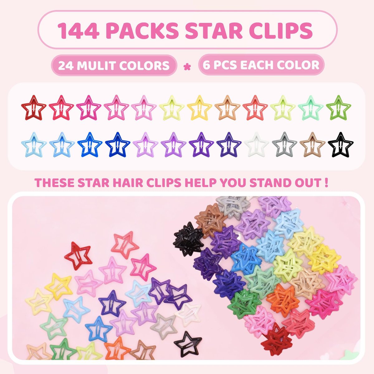 YLMUSU 144 Pcs 1.2'' Star Hair Clips - 24 Colors Metal Non-Slip Snap Hair Clips, Colorful Star Clips y2k, Stars Hair Barrettes for Women and Girls Avelisse