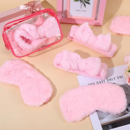Yuanan 36 Pcs Spa Headband Set for Women – Plush Coral Fleece Makeup Headbands with Sleep Eye Masks & Cosmetic Bags, Pink, 12 Packs