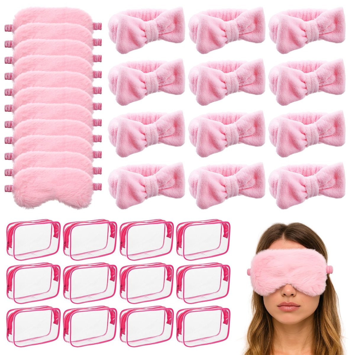 Yuanan 36 Pcs Spa Headband Set for Women – Plush Coral Fleece Makeup Headbands with Sleep Eye Masks & Cosmetic Bags, Pink, 12 Packs - görsel 1