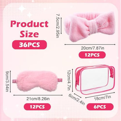 Yuanan 36 Pcs Spa Headband Set for Women – Plush Coral Fleece Makeup Headbands with Sleep Eye Masks & Cosmetic Bags, Pink, 12 Packs