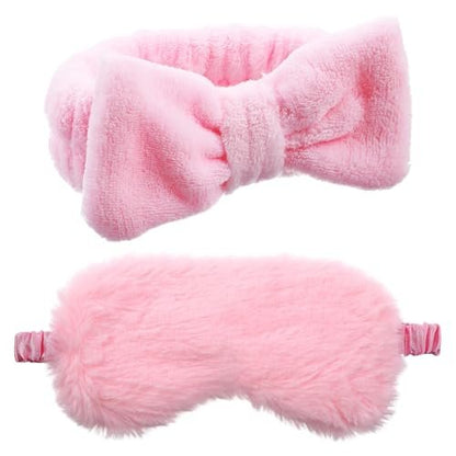 Yuanan 36 Pcs Spa Headband Set for Women – Plush Coral Fleece Makeup Headbands with Sleep Eye Masks & Cosmetic Bags, Pink, 12 Packs