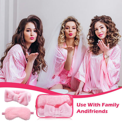 Yuanan 36 Pcs Spa Headband Set for Women – Plush Coral Fleece Makeup Headbands with Sleep Eye Masks & Cosmetic Bags, Pink, 12 Packs
