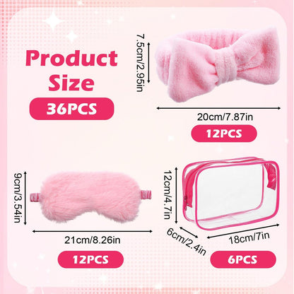Yuanan 36 Pcs Spa Headband Set for Women – Plush Coral Fleece Makeup Headbands with Sleep Eye Masks & Cosmetic Bags, Pink, 12 Packs
