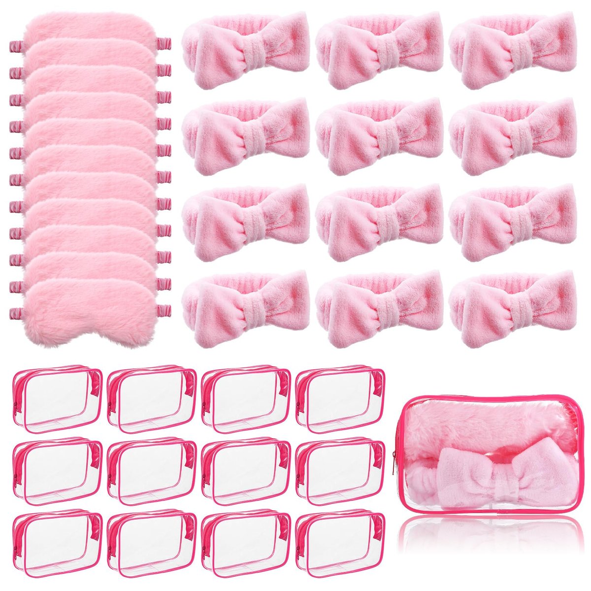Yuanan 36 Pcs Spa Headband Set for Women – Plush Coral Fleece Makeup Headbands with Sleep Eye Masks & Cosmetic Bags, Pink, 12 Packs - görsel 5
