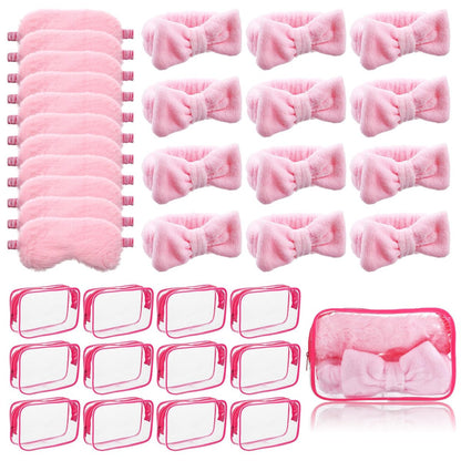 Yuanan 36 Pcs Spa Headband Set for Women – Plush Coral Fleece Makeup Headbands with Sleep Eye Masks & Cosmetic Bags, Pink, 12 Packs