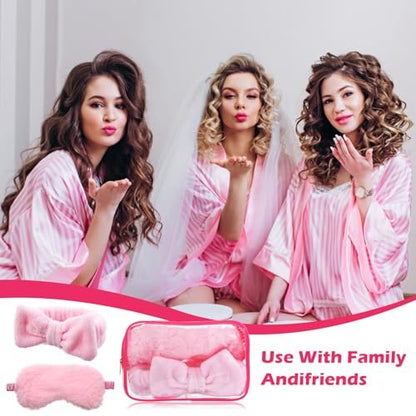 Yuanan 36 Pcs Spa Headband Set for Women – Plush Coral Fleece Makeup Headbands with Sleep Eye Masks & Cosmetic Bags, Pink, 12 Packs