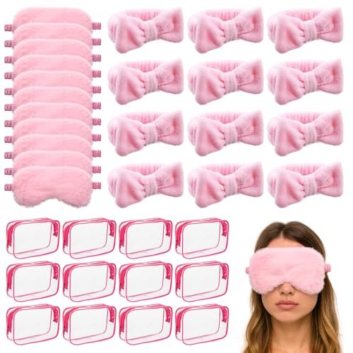 Yuanan 36 Pcs Spa Headband Set for Women – Plush Coral Fleece Makeup Headbands with Sleep Eye Masks & Cosmetic Bags, Pink, 12 Packs - görsel 2