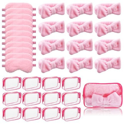 Yuanan 36 Pcs Spa Headband Set for Women – Plush Coral Fleece Makeup Headbands with Sleep Eye Masks & Cosmetic Bags, Pink, 12 Packs