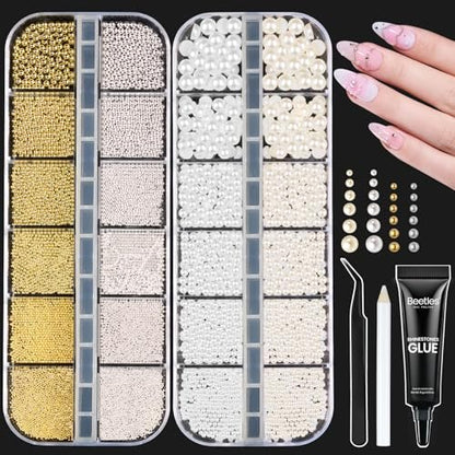 Beetles 3D Nail Charms Kit - Gold Silver Caviar Beads, White Pearls, Rhinestone Glue & Tools for Nail Art Manicure