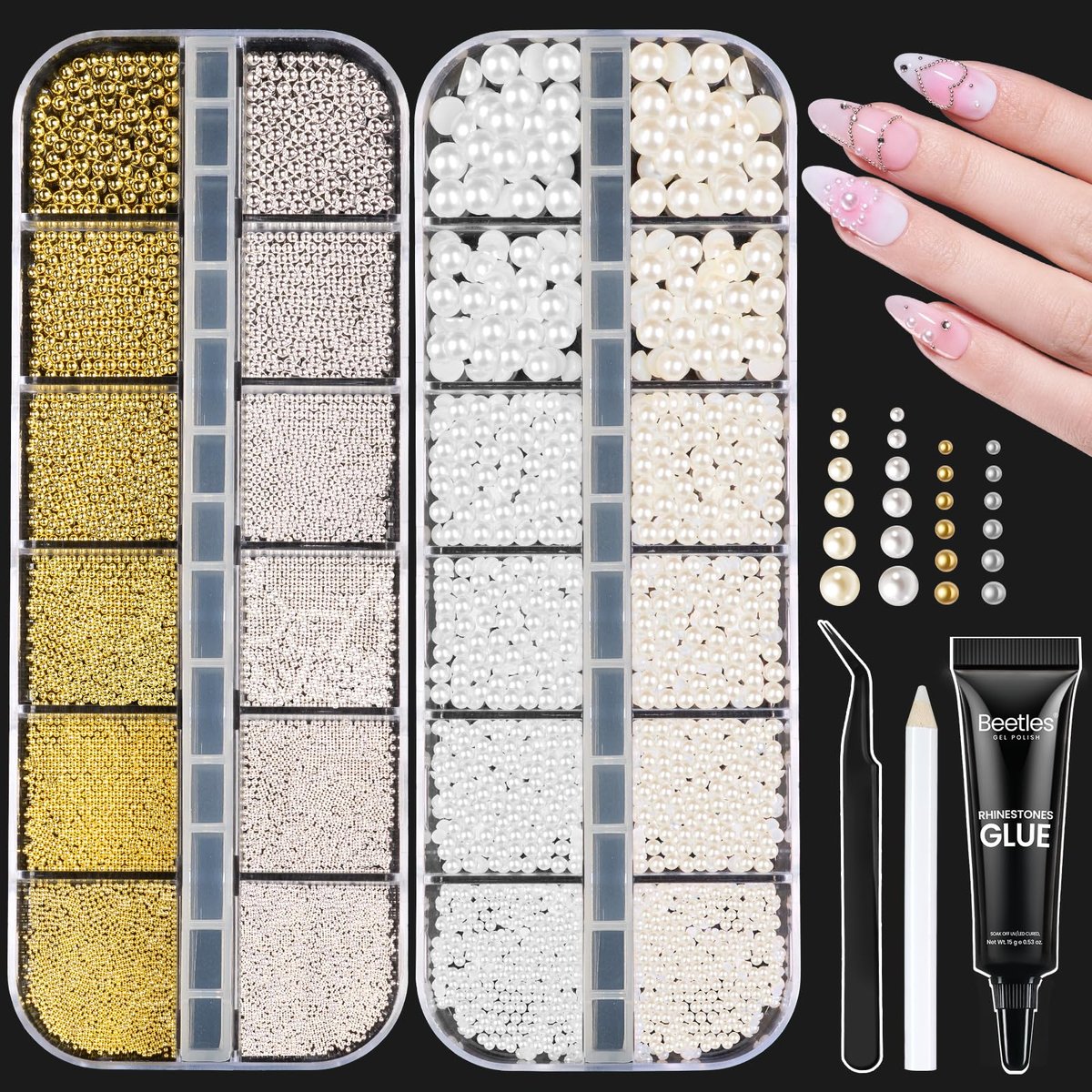 Beetles 3D Nail Charms Kit - Gold Silver Caviar Beads, White Pearls, Rhinestone Glue & Tools for Nail Art Manicure - görsel 1