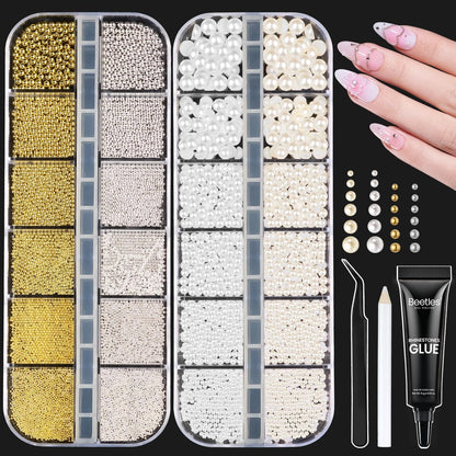 Beetles 3D Nail Charms Kit - Gold Silver Caviar Beads, White Pearls, Rhinestone Glue & Tools for Nail Art Manicure