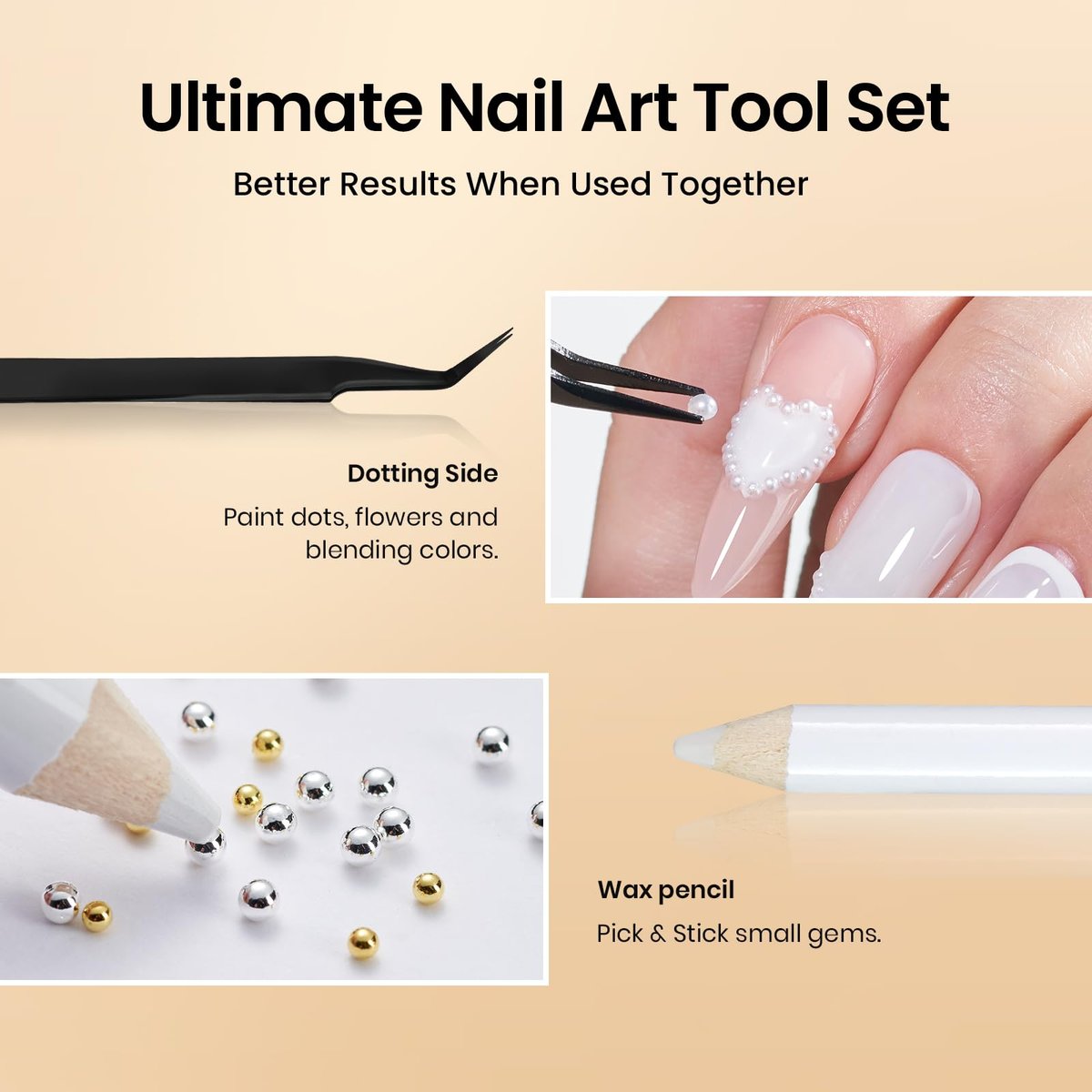 Beetles 3D Nail Charms Kit - Gold Silver Caviar Beads, White Pearls, Rhinestone Glue & Tools for Nail Art Manicure - görsel 9