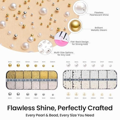 Beetles 3D Nail Charms Kit - Gold Silver Caviar Beads, White Pearls, Rhinestone Glue & Tools for Nail Art Manicure