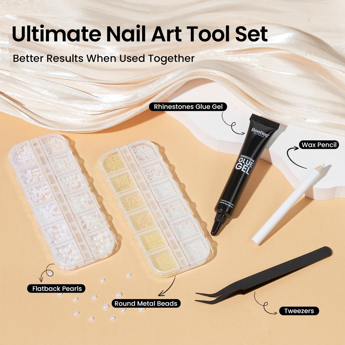 Beetles 3D Nail Charms Kit - Gold Silver Caviar Beads, White Pearls, Rhinestone Glue & Tools for Nail Art Manicure - görsel 11