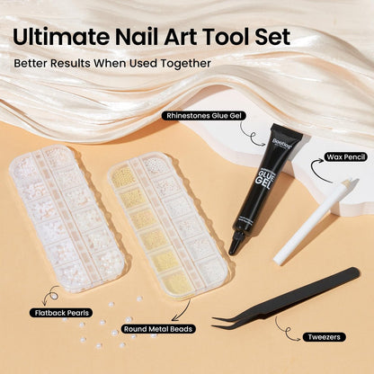 Beetles 3D Nail Charms Kit - Gold Silver Caviar Beads, White Pearls, Rhinestone Glue & Tools for Nail Art Manicure