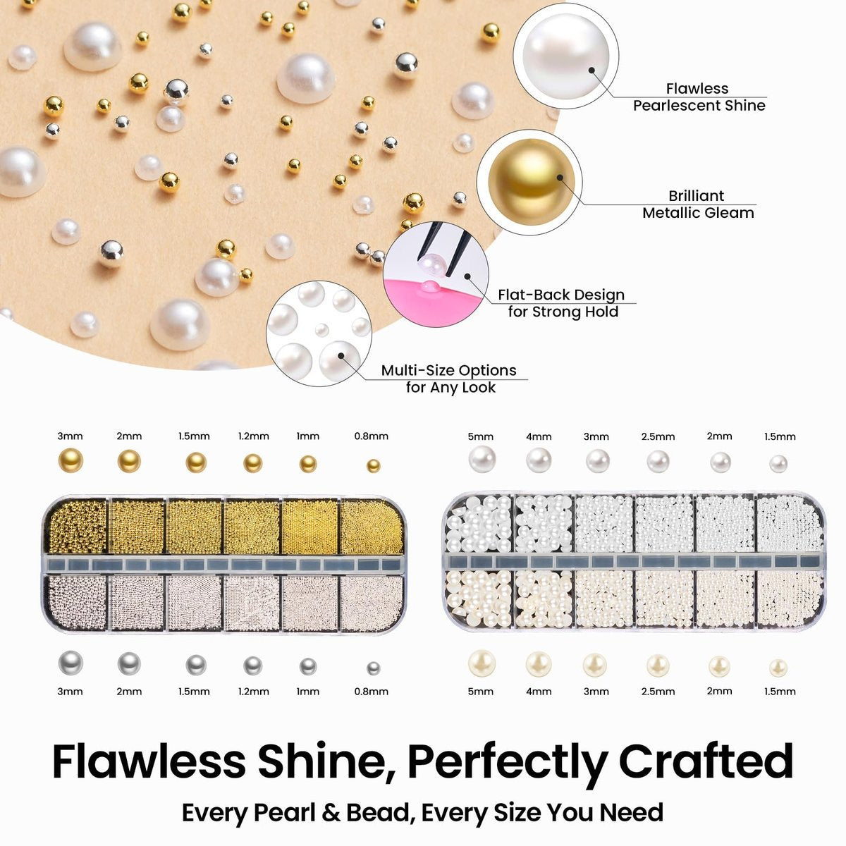 Beetles 3D Nail Charms Kit - Gold Silver Caviar Beads, White Pearls, Rhinestone Glue & Tools for Nail Art Manicure - görsel 3