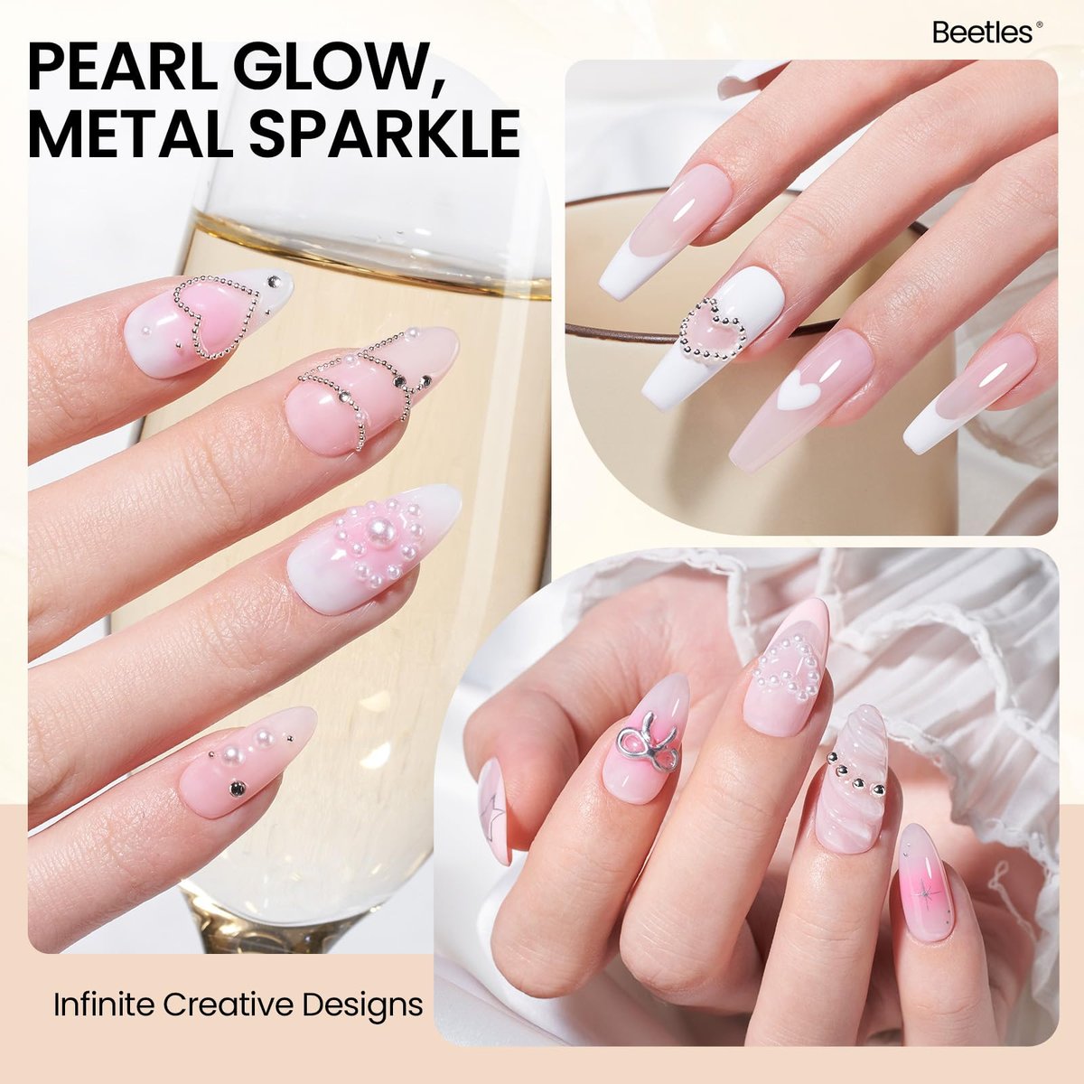 Beetles 3D Nail Charms Kit - Gold Silver Caviar Beads, White Pearls, Rhinestone Glue & Tools for Nail Art Manicure - görsel 5