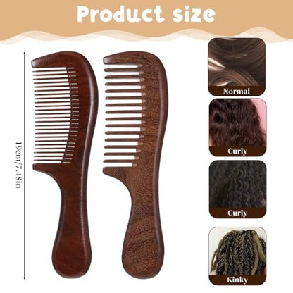 2 Pcs Sandalwood Comb Set - Wide & Fine Tooth Wooden Combs for Detangling, Anti-Static, Natural Hair Care for Women & Men