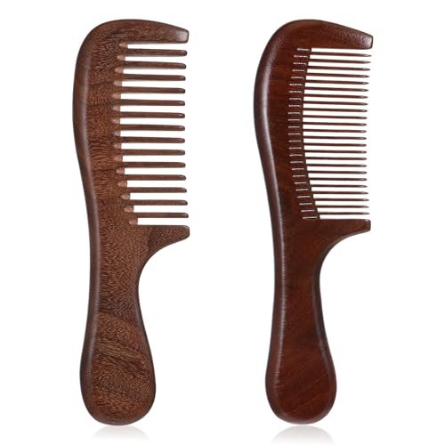2 Pcs Sandalwood Comb Set - Wide & Fine Tooth Wooden Combs for Detangling, Anti-Static, Natural Hair Care for Women & Men - görsel 2
