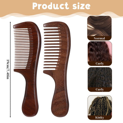 2 Pcs Sandalwood Comb Set - Wide & Fine Tooth Wooden Combs for Detangling, Anti-Static, Natural Hair Care for Women & Men