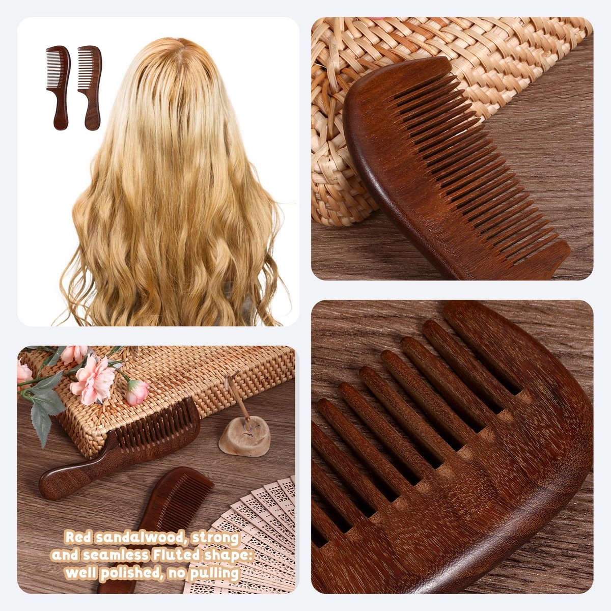 2 Pcs Sandalwood Comb Set - Wide & Fine Tooth Wooden Combs for Detangling, Anti-Static, Natural Hair Care for Women & Men - görsel 13