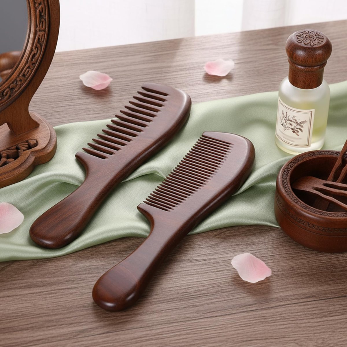 2 Pcs Sandalwood Comb Set - Wide & Fine Tooth Wooden Combs for Detangling, Anti-Static, Natural Hair Care for Women & Men - görsel 5