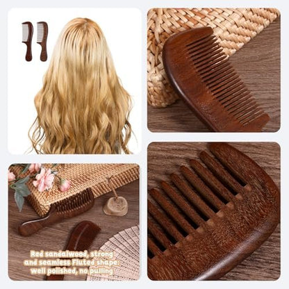 2 Pcs Sandalwood Comb Set - Wide & Fine Tooth Wooden Combs for Detangling, Anti-Static, Natural Hair Care for Women & Men