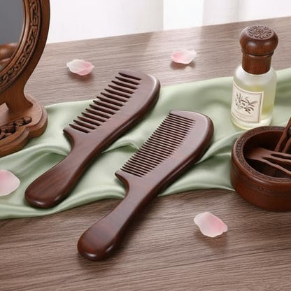 2 Pcs Sandalwood Comb Set - Wide & Fine Tooth Wooden Combs for Detangling, Anti-Static, Natural Hair Care for Women & Men